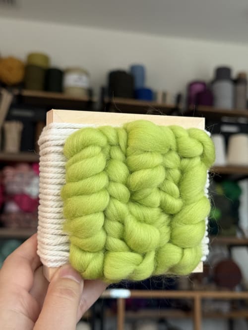 Mini Woven Tile - Lime Green | Wall Sculpture in Wall Hangings by Mpwovenn Fiber Art by Mindy Pantuso