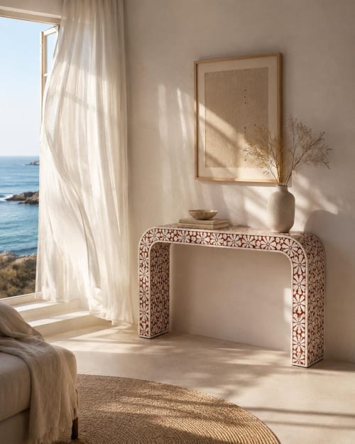 Terracotta Bone Inlay Waterfall Console Table, Boho Hallway Sofa Table | Tables by IKKAZA