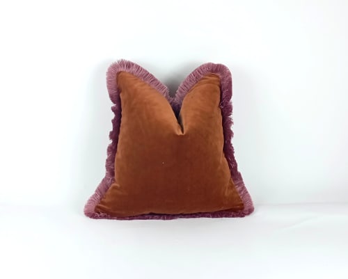 Rust velvet and pink fringe pillow, brown and pink pillow | Pillows by Velvet Fringe