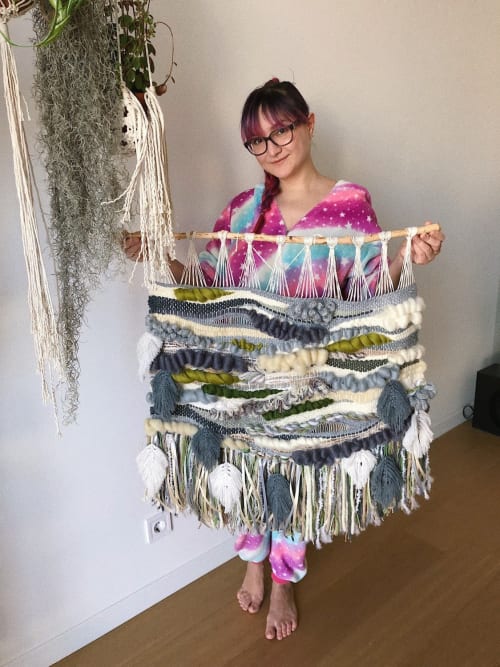 Wall hanging tapestry with leaves green gray shades | Wall Hangings by Awesome Knots