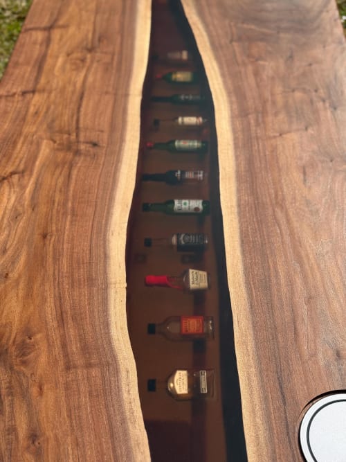 Black Walnut Epoxy River Desk with Casted Whiskey & Wireless Charger | Tables by Pelican State Woodworks