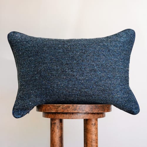 Blue Mixed Wool with Navy Leather Welt Lumbar Pillow 14x20 | Pillows by Vantage Design