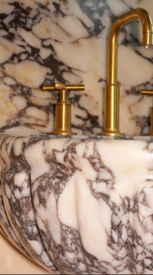 Carved Calacatta Viola Marble Sink with Fluted Basin, Luxury Vanity Sink | Water Fixtures by AYMARBLEDESIGN LLC