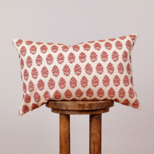 Red & Cream Woven Botanical Leaf Lumbar Pillow 14x22 | Pillows by Vantage Design