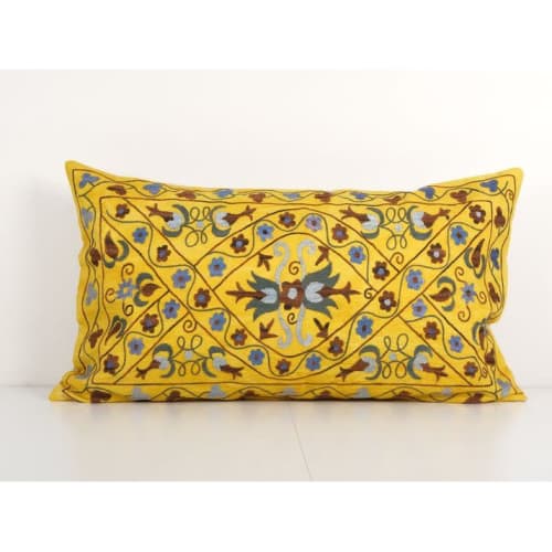 Vintage Floral Yellow Suzani Pillow Cover, Extra Long Samark | Pillows by Vintage Pillows Store