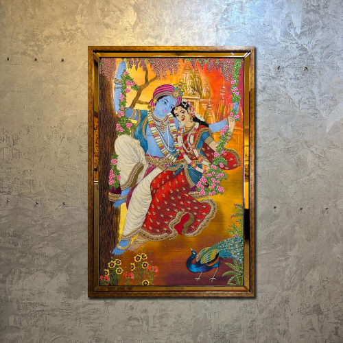 Radha Krishna on a Swing Handmade Embroidered Precious Bejew | Embroidery in Wall Hangings by MagicSimSim