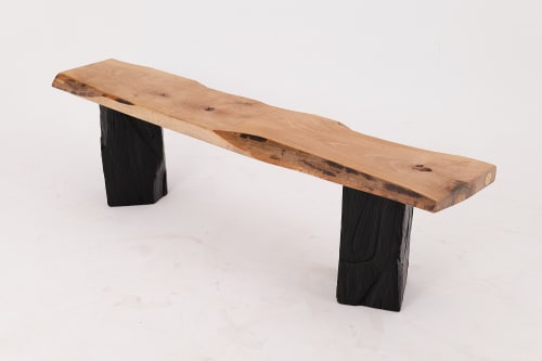 Live Edge Solid Wood Bench with Charred Legs, Organic Modern by Logniture | Benches & Ottomans by Logniture