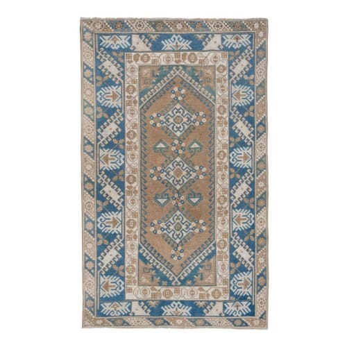 Vintage Wool Blue Turkish Rug - Designer Carpet 3'11" X 6'4" | Rugs by Vintage Pillows Store