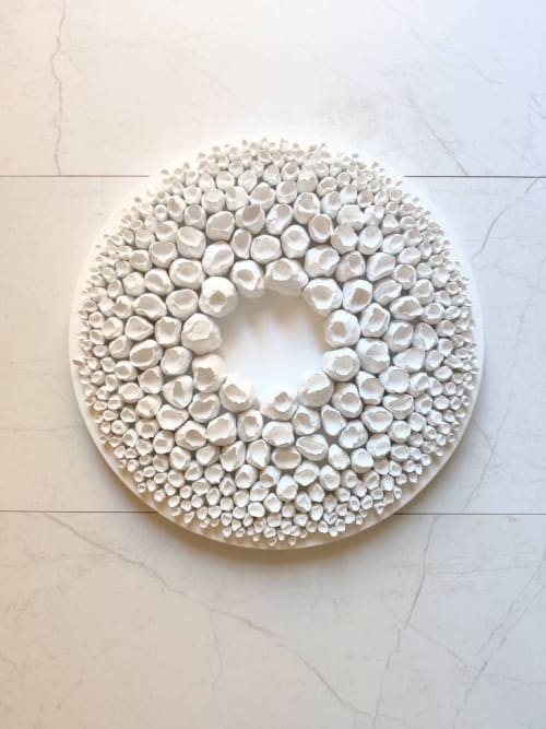 White wall sculpture on a 14" round canvas, wreath art | Wall Hangings by Natasha Kanevski
