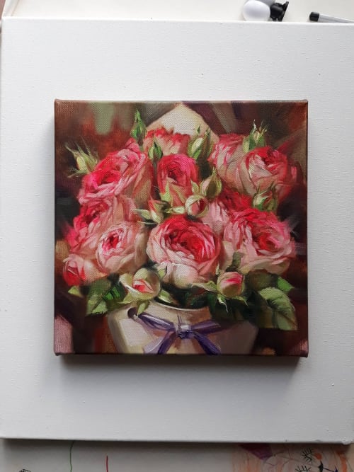 Roses painting flowers original art, Red flowers bouquet oil | Oil And Acrylic Painting in Paintings by Natart