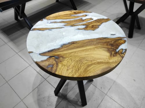 Custom 30" Diameter, Round Olive Wood, Metallic White Epoxy | Tables by LuxuryEpoxyFurniture