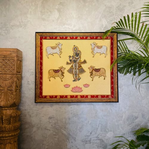 Shrinathji Hand Embellished Artwork of Gwal Darshan. Framed | Embroidery in Wall Hangings by MagicSimSim