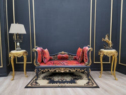 French Style Bench / Black and Gold Leaf Accent / Hand Carve | Couches & Sofas by Art De Vie Furniture