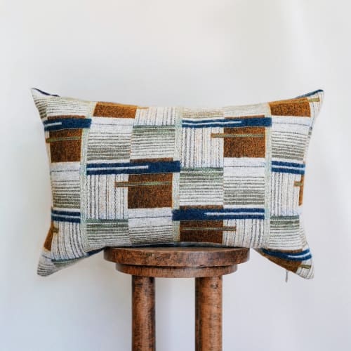 Geometric Wool Squares with Grey, Olive Green, & Navy Lumbar 16x24 | Pillows by Vantage Design