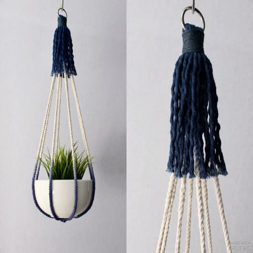 Tassel-Free Macrame Plant Hanger – Navy & Cream – 26” Hand-Dyed Indoor Planter | Plants & Landscape by Freefille