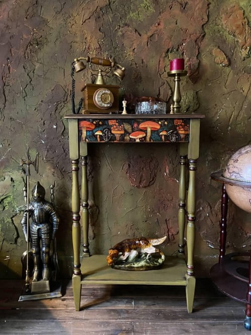 Hand -Painted Amanita Console Table: Rustic Forest Decor Acc | Tables by Birds and Gardens Inc