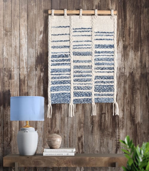 Blue Ivory Denim Wool Wall Hanging Handmade Woven Textile Art Home Decor | Wall Hangings by Swiflo