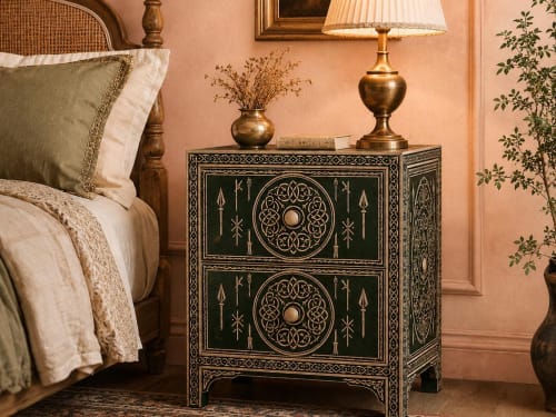 Forest Green Bone Inlay Nightstand, Celtic Medallion Boho Bedside Table | Storage by IKKAZA