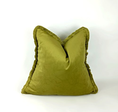Chartreuse green brush fringe pillow, green velvet cushion | Pillows by velvet + linen