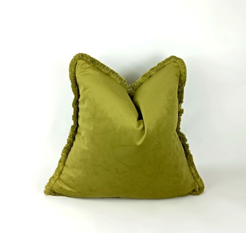 Chartreuse green brush fringe pillow, green velvet cushion | Pillows by Velvet Fringe