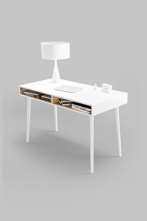 Modern White Lacquered Oak Desk with Open Cubbies | Tables by Manuel Barrera Habitables