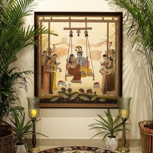 Holi Hindola, Shri Krishna & Radha Rani Playing Holi in Bars | Embroidery in Wall Hangings by MagicSimSim