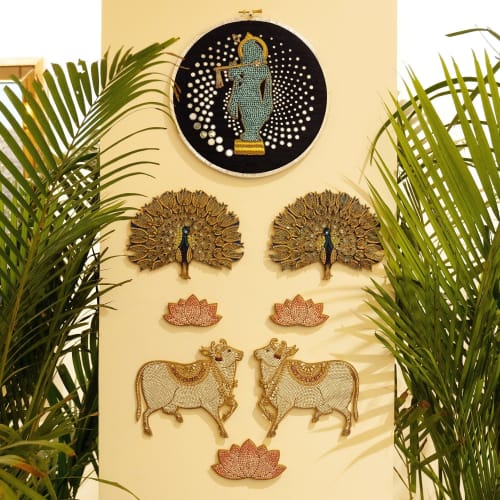 Shri Krishna Hand Embellished Jewelled Hoop Artwork With Mag | Embroidery in Wall Hangings by MagicSimSim