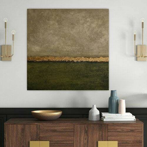Green abstract gold leaf painting on canvas textured green | Paintings by Berez Art