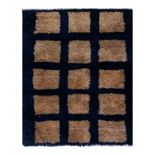 Vintage Camel and Blue Turkish Shaggy Tulu Rug | Rugs by Vintage Pillows Store