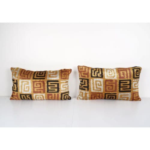 Set of Two Silk Ikat Velvet Pillow, Matching Red Uzbek Ikat | Cushion in Pillows by Vintage Pillows Store