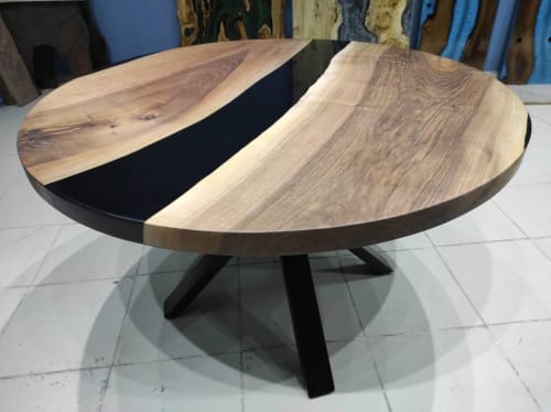 Custom 48" Diameter, Round Walnut Wood, Black Epoxy Dining | Tables by LuxuryEpoxyFurniture