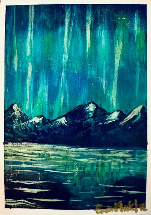 Aurora Mountains – Original Northern Lights Mini Painting | Work by EMAN K