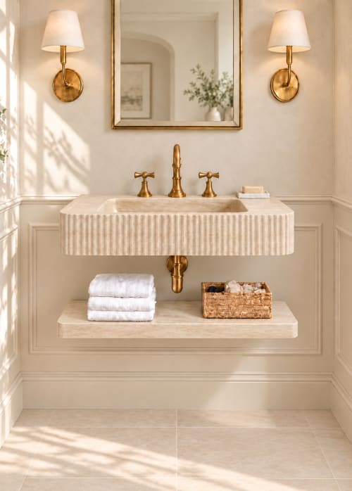 Natural Travertine Floating Sink with Shelf | Water Fixtures by Vero Marble