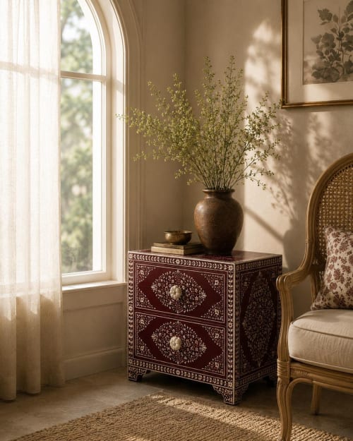 Burgundy Bedside Cabinet, Bone Inlay Nightstand, Maroon Floral Bedside Table, Boho Night Stand | Tables by IKKAZA