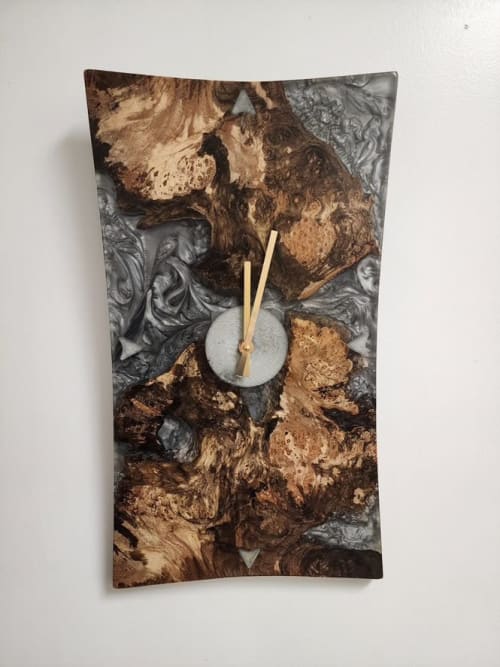 Resin Wood Art Clock - Swirly Metallic Gray Resin | Decorative Objects by Carlberg Design