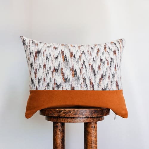 White Wool with Striations Capped with Orange Felt Wool Lumbar 14x18 | Pillows by Vantage Design