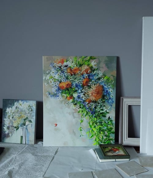 Bridal bouquet painting from photo, Wedding flowers portrait | Oil And Acrylic Painting in Paintings by Natart