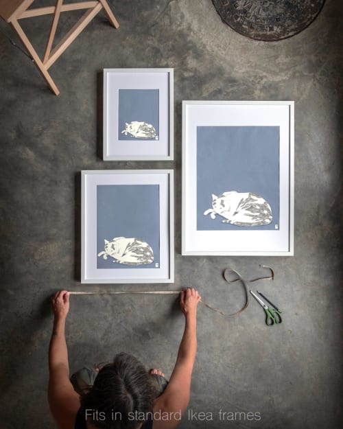 Sleeping Cat Art Print, Blue Nursery Decor, Calm Wall Art | Prints in Paintings by The Ugly Cat Studio