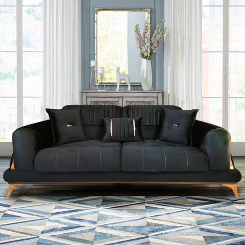 Un Aster, 87''  Round Arm Sofa, Black Velvet Upholstery , Wo | Couches & Sofas by Art De Vie Furniture