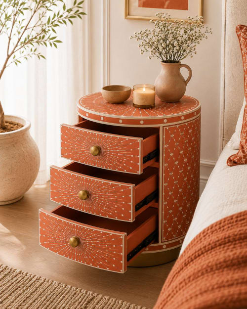 Handmade Bone Inlay Round Nightstand Sunburst Boho Bedside Table with Drawers | Storage by IKKAZA