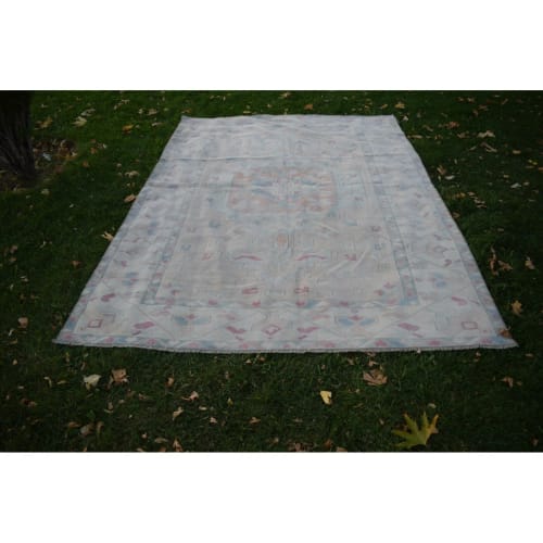 1940s Vintage Distressed Oushak Soft Colors Wool Pile Rug | Rugs by Vintage Pillows Store