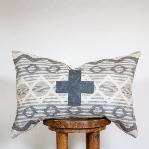 Grey/Cream Tribal Wool with Charcoal Leather Cross Pillow 16x24 | Pillows by Vantage Design