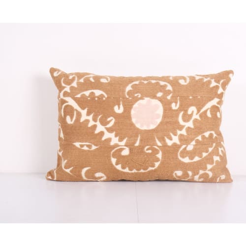 Tan Suzani Lumbar Cushion Cover, Tribal House Decor- Embroid | Pillows by Vintage Pillows Store
