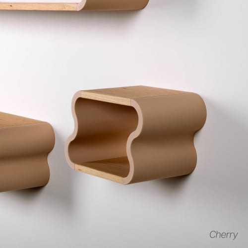 Squiggle Floating Shelves: Cherry & Ash Hardwood, Pastel Accents | Shelving in Storage by Spacecraft Furnishing
