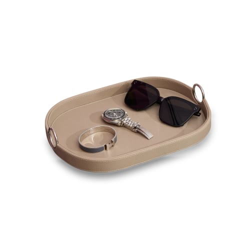 Saddle Leather Oval Tray in Stainless Steel | Decorative Objects by Rikan