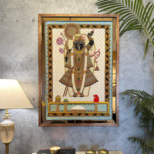 Shrinathji Handmade Embroidered Precious Bejewelled Artwork | Embroidery in Wall Hangings by MagicSimSim