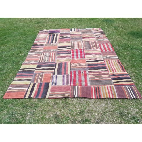 Multi Color Woven Wool Turkish Patchwork Kilim Rug for Dinin | Rugs by Vintage Pillows Store