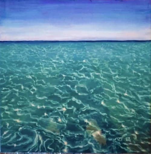 Mesmerise – Framed Original Oil Painting of Turquoise Sea Light and Hypnotic Water Reflections | Work by Eman's Gallery