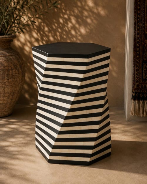 Hexagon Bone Inlay Side Table, Black Ivory Striped Column Accent Table | Tables by IKKAZA