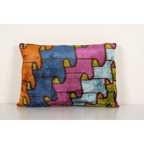 Ikat Velvet Pillow, Colorful Silk Lumbar Cushion Cover | Linens & Bedding by Vintage Pillows Store